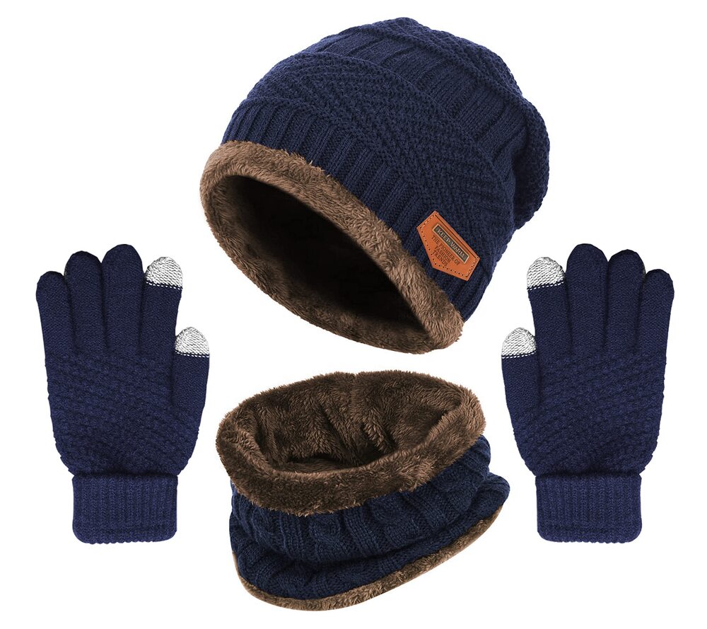 7237 Winter Knit Beanie Hat Neck Warmer Gloves Set, Fleece Lined Skull Cap
